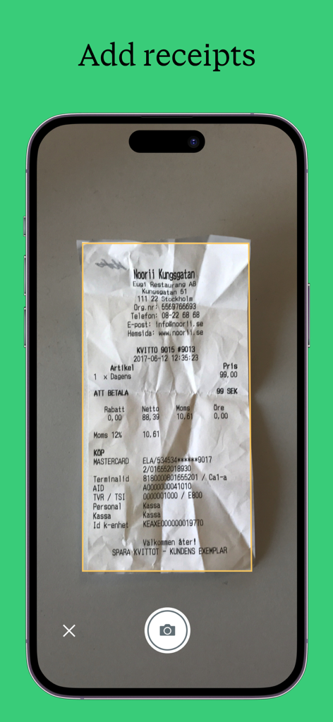 AirPlus Corporate 앱의 영수증 스캔 기능을 시연하는 휴대폰 화면