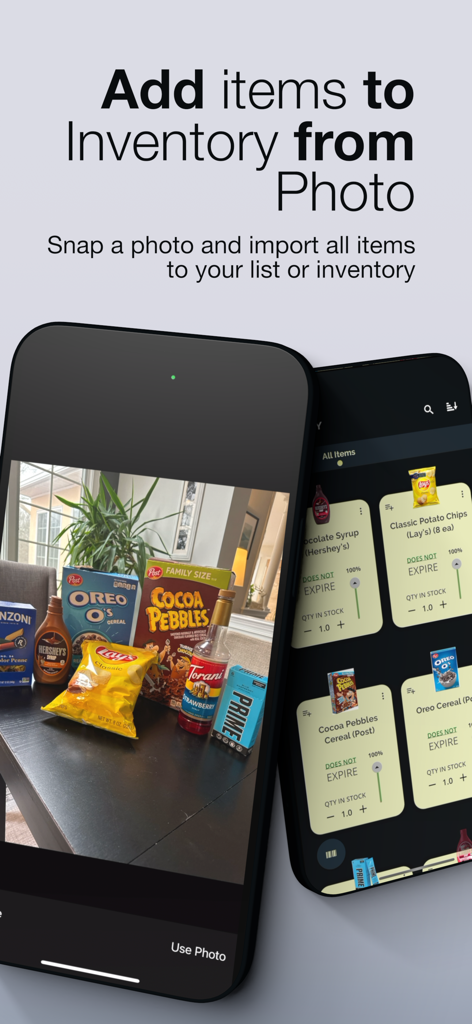Grocery AI - Grocery AI app interface showing the process of snapping a photo of grocery items to automatically update digital inventory