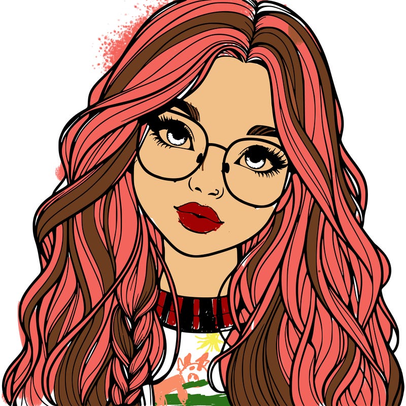 girl with long hair and freckles and glasses realistic