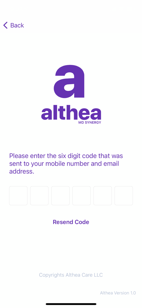 Althea Health app verification screen with six digit code entry for secure login