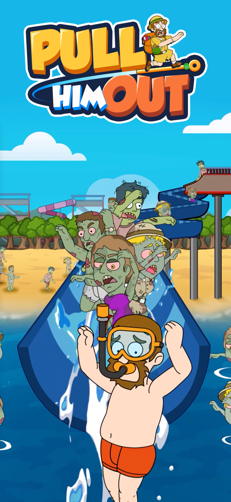 Un hombre asustado con un esnórquel deslizándose por un tobogán de agua azul perseguido por una multitud de zombis en el juego Pull Him Out.