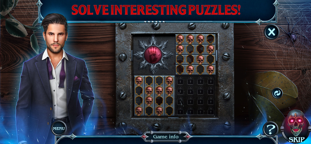 City Legends: The Curse - A skull themed logic puzzle in the mobile game City Legends The Curse featuring a dark supernatural atmosphere and a male character.