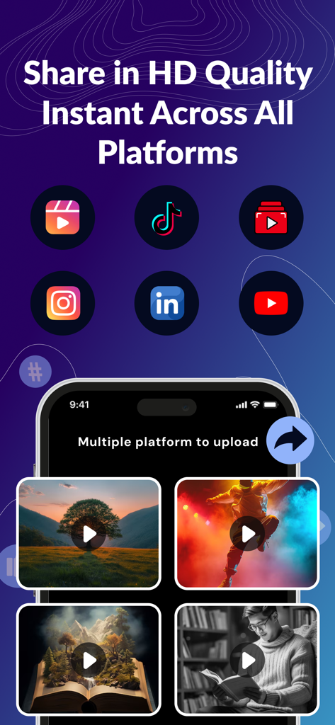 Text to Video AI Generator - Interface of the Text to Video AI Generator showing HD quality sharing options for TikTok Instagram and YouTube