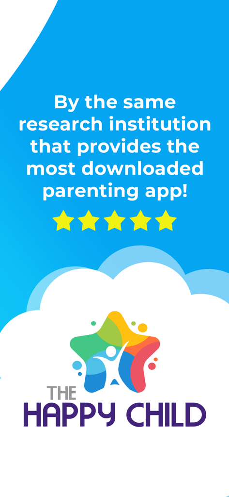 In Love while Parenting - Pantalla promocional de Enamorados mientras criamos mostrando su conexión con la aplicación The Happy Child y cinco estrellas