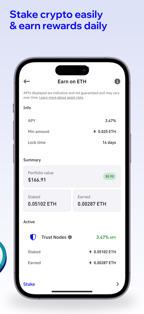 Trust: Crypto & Bitcoin Wallet - Interface do aplicativo móvel Trust Wallet para staking de Ethereum e ganho de recompensas