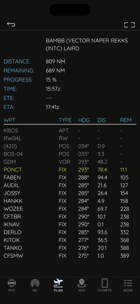 Flight planner screen in AirTrack NG showing waypoints, distance, and heading for flight simulator navigation.