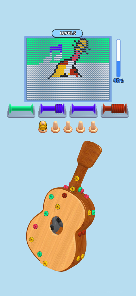Wool Master 3D - Thread Sort - Wool Master 3D game level showing a wooden guitar and yarn sorting puzzle progress