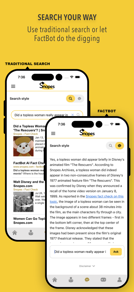 Snopes - Two mobile screens displaying the Snopes app traditional search results and the FactBot AI search interface.