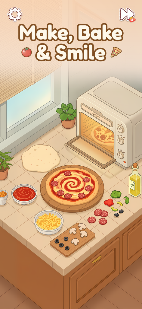 A cozy kitchen scene showing pizza preparation with various toppings and an oven in the Satisclean mobile game