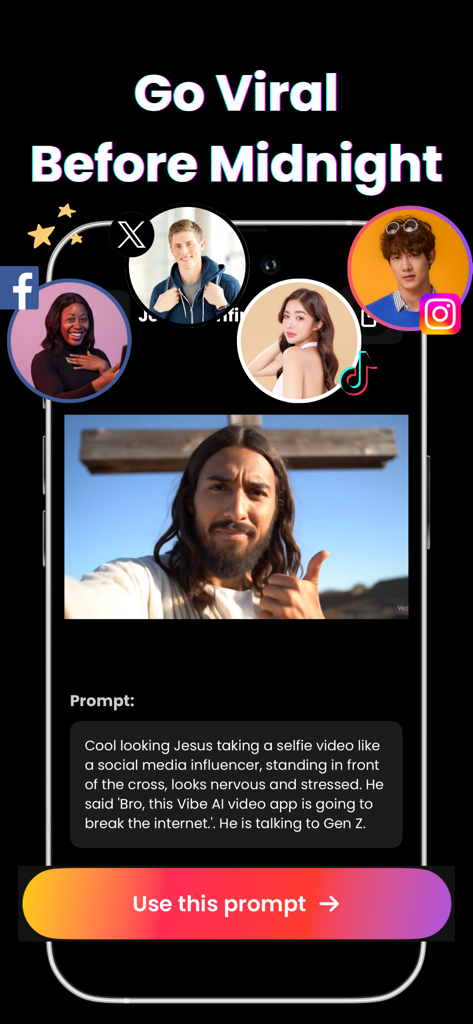 A smartphone interface showing the VIBE AI video creation tool with a viral video prompt example and social media icons.