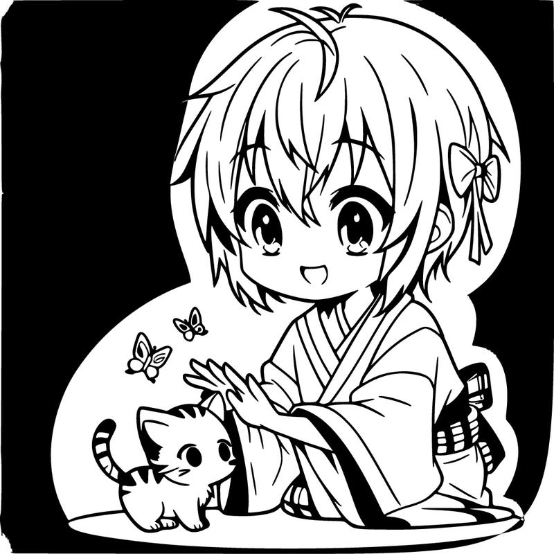 anime girl playing with a kitten