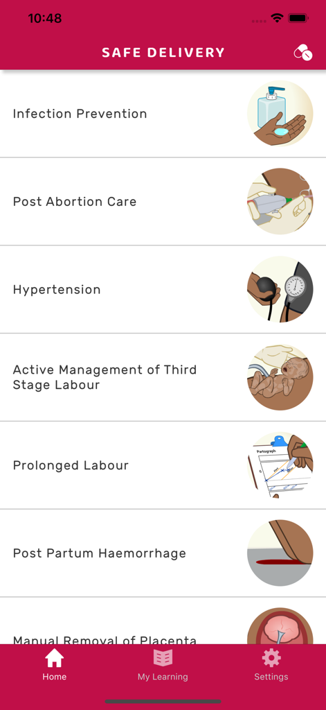 Safe Delivery - Safe Delivery app interface showing a list of obstetric clinical modules including infection prevention and hypertension