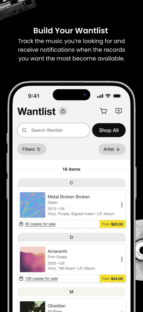 A smartphone screen displaying the Discogs app Wantlist feature with music albums and prices