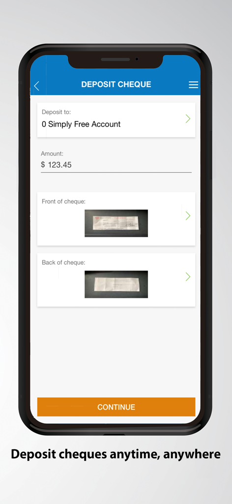 Valley First mobile app interface showing the remote deposit capture feature for depositing a cheque