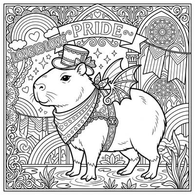 Dive into a unique celebration with this Gothic Capybara Pride coloring page, blending whimsical charm with a touch of mysterious elegance. Featuring a stylish capybara amidst ornate designs and vibrant Pride symbols, this page promises an enchanting coloring adventure.