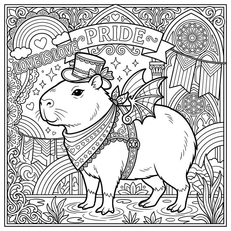 Dive into a unique celebration with this Gothic Capybara Pride coloring page, blending whimsical charm with a touch of mysterious elegance. Featuring a stylish capybara amidst ornate designs and vibrant Pride symbols, this page promises an enchanting coloring adventure.