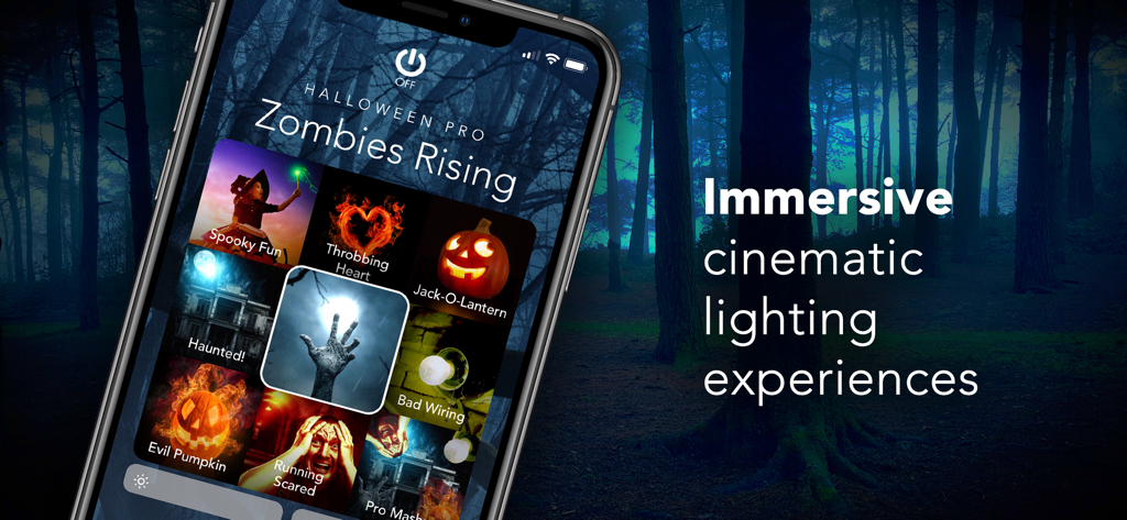 OnSwitch app interface displaying Halloween themed smart lighting scenes like Zombies Rising on a smartphone