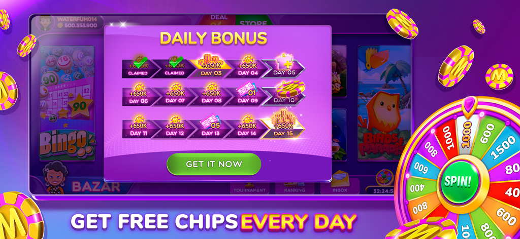 MundiGames - Social Casino - MundiGames tägliche Bonus-Oberfläche, die 15 Tage Belohnungen zeigt, darunter kostenlose Chips und ein Preispokal.