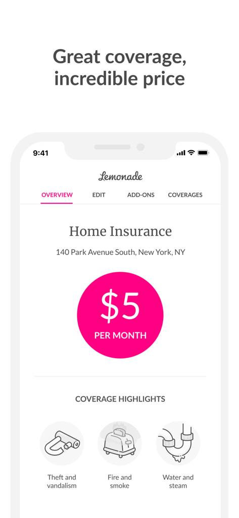 Lemonade Insurance - Lemonade insurance app interface displaying a 5 dollars per month home insurance policy with coverage highlights for theft fire and water damage