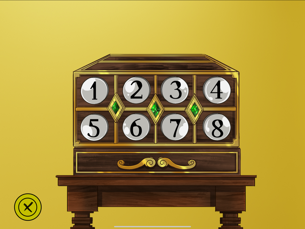 The Backrooms - Uma caixa de quebra-cabeça de madeira com os números de um a oito e gemas verdes de The Backrooms game