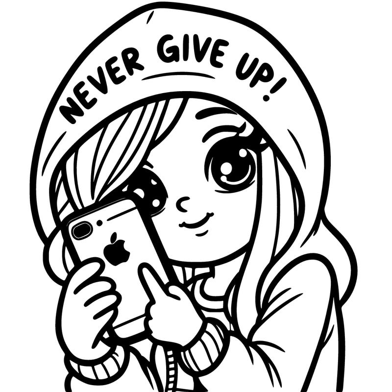 girl with iphone and a hood that say’s never give up!