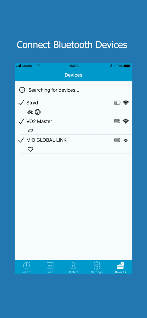 VO2 Master Manager - Smartphone screen showing the Bluetooth device connection page with several fitness sensors paired to the VO2 Master Manager app