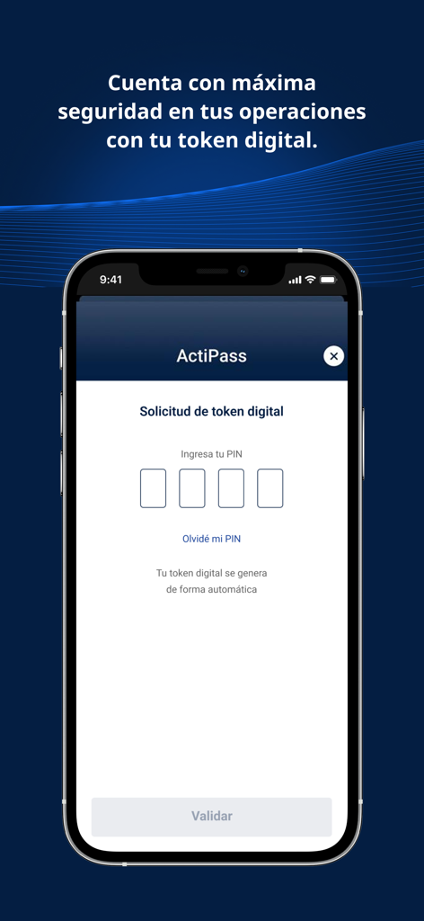 Actinver - Actinver mobile app interface showing the ActiPass digital token request screen for secure banking operations