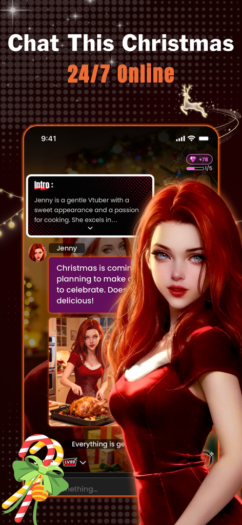 Cycle AI: Talk With AI Friends - Cycle AIアプリで、ジェニーという名前の赤毛のAIキャラクターが登場する、クリスマスをテーマにしたチャットインターフェイス。