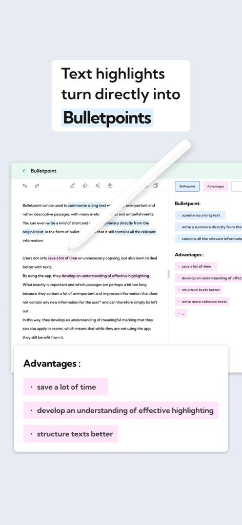 Bulletpoint - Interface of Bulletpoint app converting text highlights into bullet points on an iPad screen.