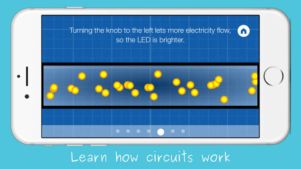 An educational screen from the LightUp Learning app showing a simulation of electricity flow and explaining circuit basics.