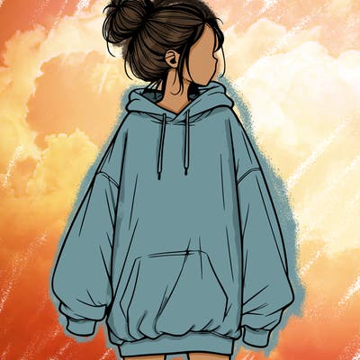 realistic girl with a oversized sweatshirt on and a bun