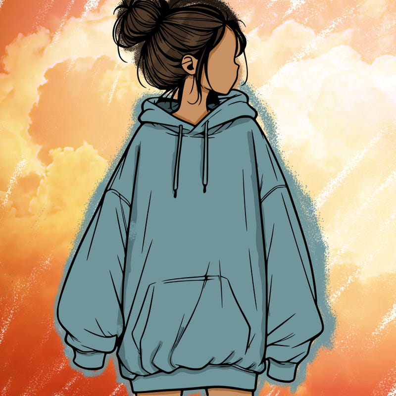 realistic girl with a oversized sweatshirt on and a bun