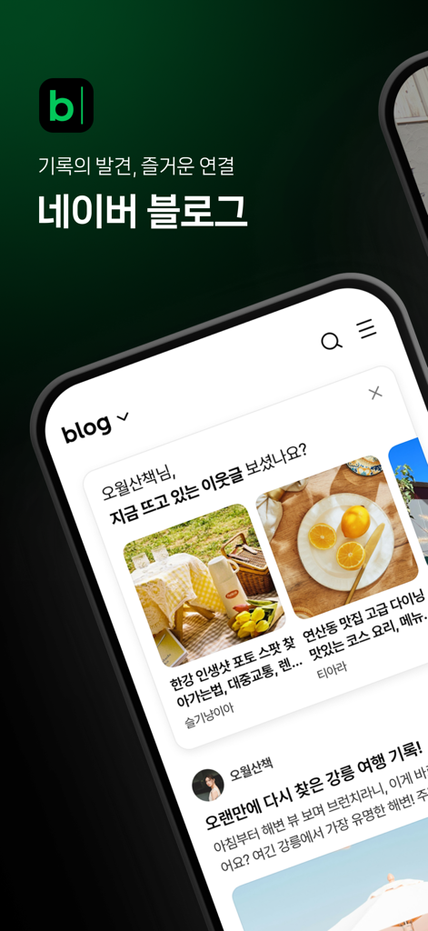 네이버 블로그 - Naver Blog - Interface do aplicativo móvel Naver Blog exibindo conteúdo de estilo de vida e texto em coreano.