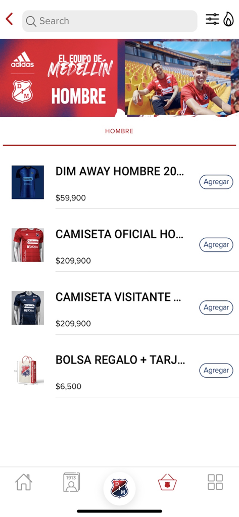 DIM Plus - Official store section in the DIM Plus app showing Independiente Medellin soccer jerseys and fan gear