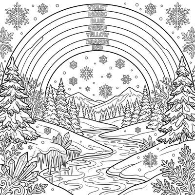 Step into a magical winter scene where snow-capped mountains meet a unique secondary rainbow. This detailed coloring page invites you to bring frosty landscapes and ethereal light to life with your favorite colors.