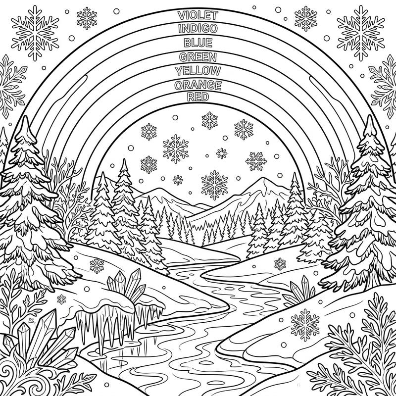Step into a magical winter scene where snow-capped mountains meet a unique secondary rainbow. This detailed coloring page invites you to bring frosty landscapes and ethereal light to life with your favorite colors.