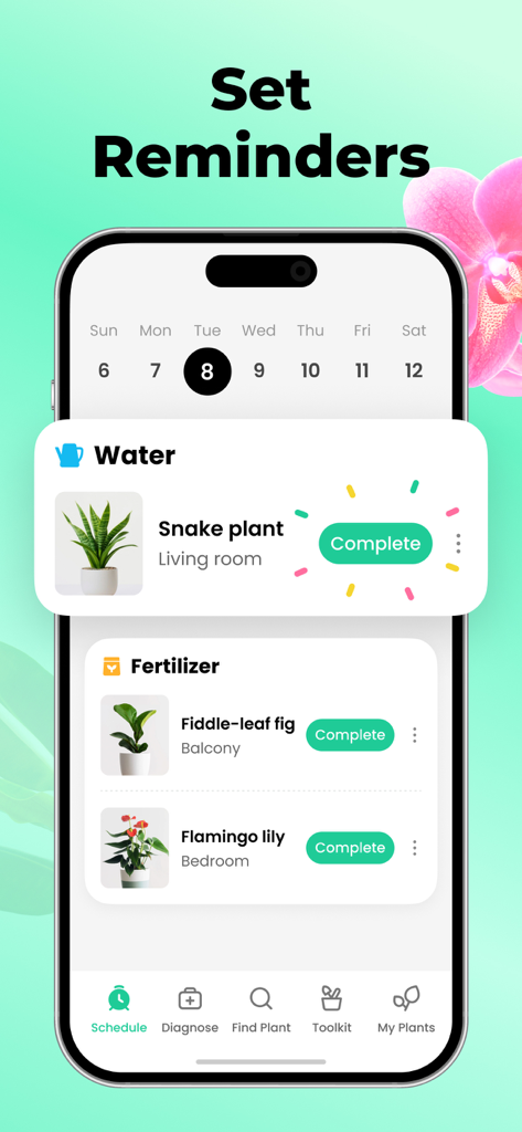 Plant Parent: Plant Care Guide - Plant Parentアプリのインターフェースに、室内の植物の水やりや肥料やりのリマインダーが表示されている様子