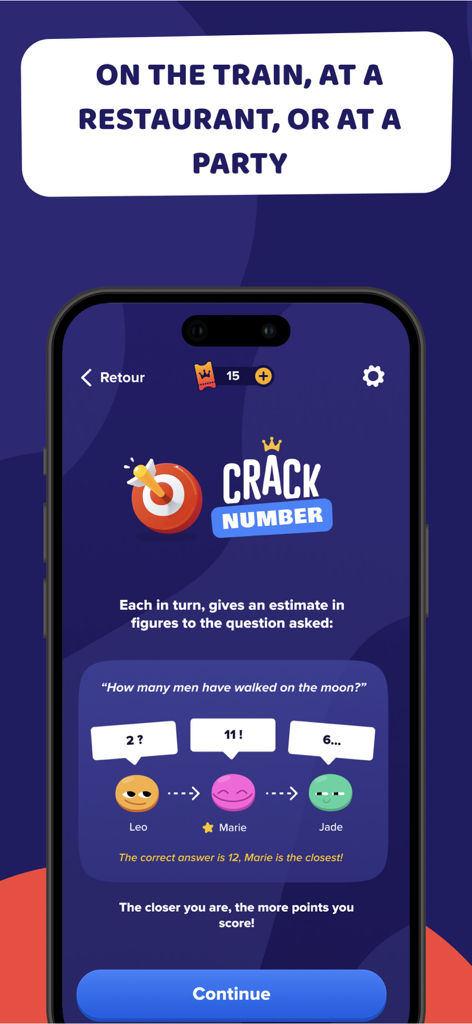 Crack Party Games - Mobile phone showing the Crack Number trivia game from the Crack Party Games app