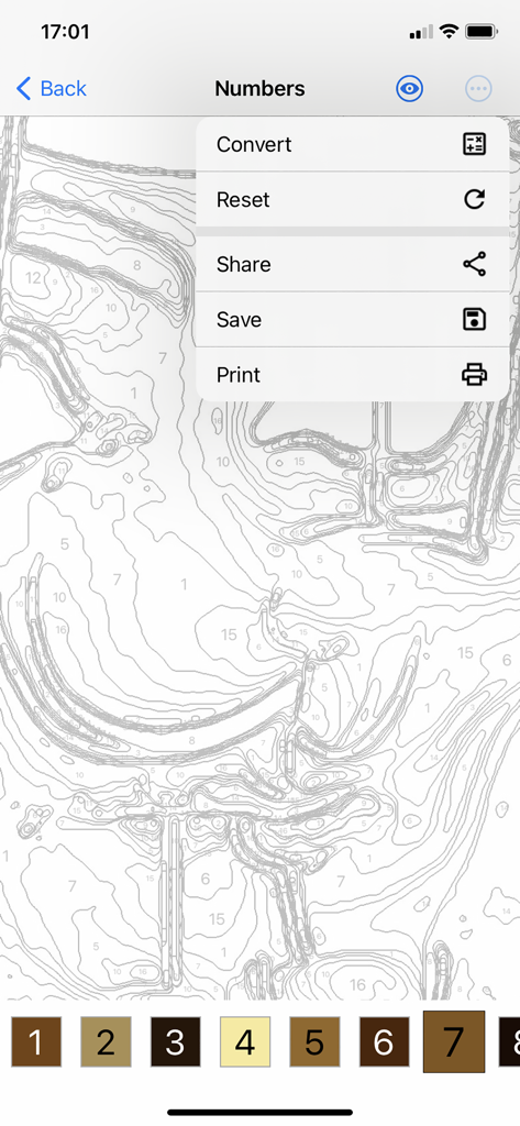 Paint By Number Creator Lite - Custom paint by number outline with menu options to save share and print