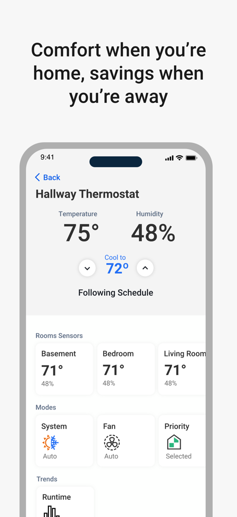 First Alert by Resideo - First Alert by Resideo app interface showing thermostat settings and room sensors