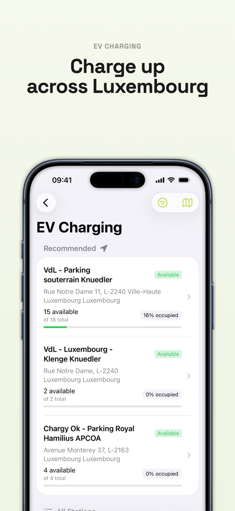 Luxempoche - Disponibilité en temps réel des bornes de recharge pour véhicules électriques au Luxembourg affichée sur l'interface d'une application mobile