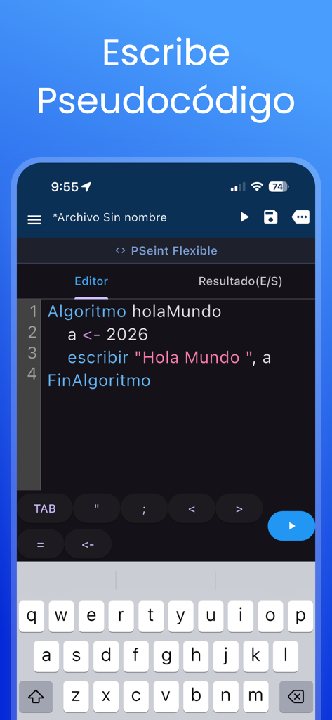 Pseudocode, PSeInt, Visualg - 構文強調表示されたスペイン語の擬似コードアルゴリズムを記述するためのコードエディタが表示されているモバイル画面
