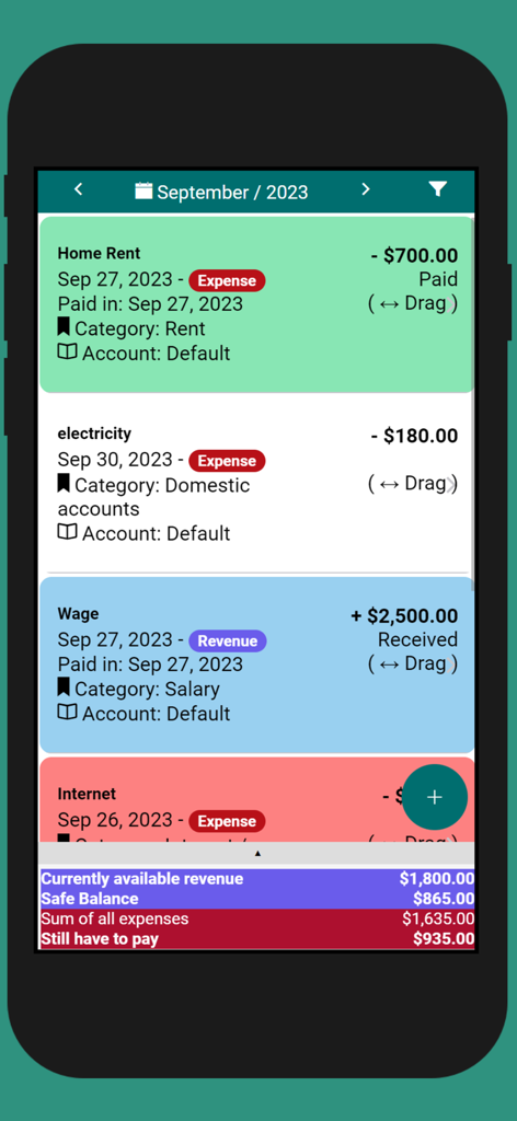 Easy Money Manager - Bildschirm zur Verfolgung monatlicher Rechnungen, der Haushaltsausgaben und Gehaltseinnahmen anzeigt