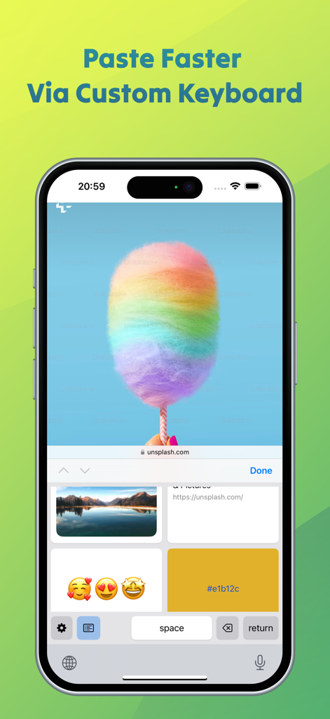 App PastePal che mostra la sua funzione di tastiera personalizzata per un rapido accesso alla cronologia degli appunti su iPhone