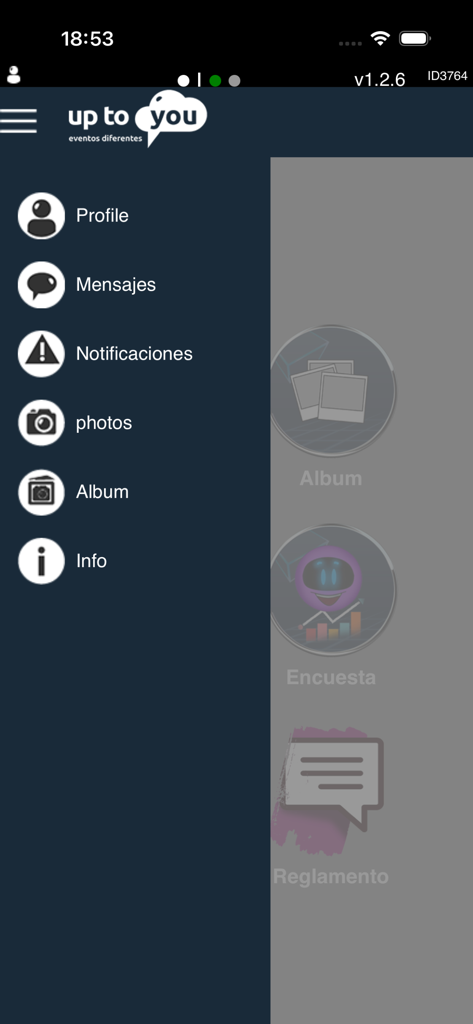 Up2you - Side navigation menu of the Up2You event app showing user options like profile messages and notifications
