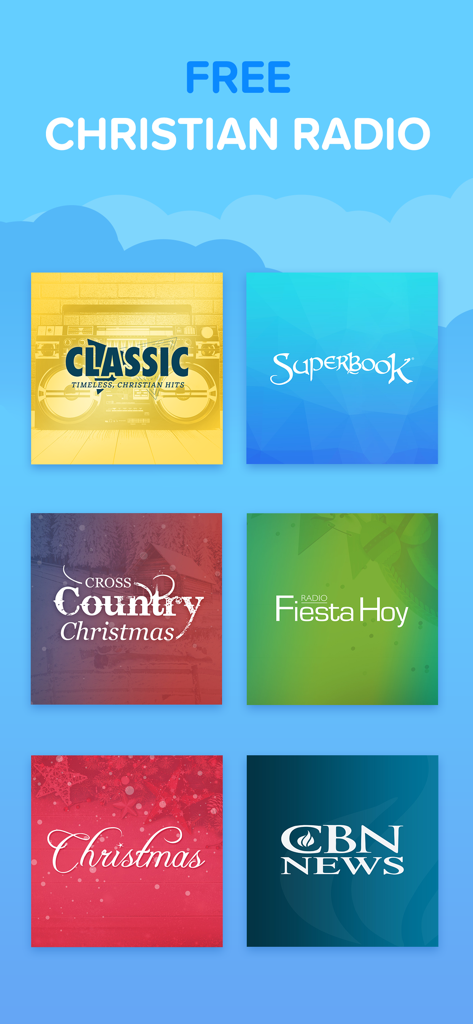 CBN Radio - Christian Music - Interface of the CBN Radio app showing a selection of Christian music and news stations in a grid layout.