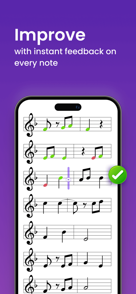 A smartphone displaying clarinet sheet music with color-coded notes providing instant feedback on pitch and rhythm.