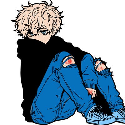 a male hoddie ripped jeans messy hair anime