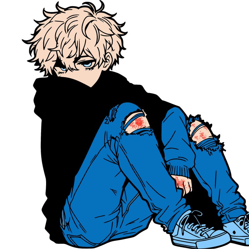 a male hoddie ripped jeans messy hair anime