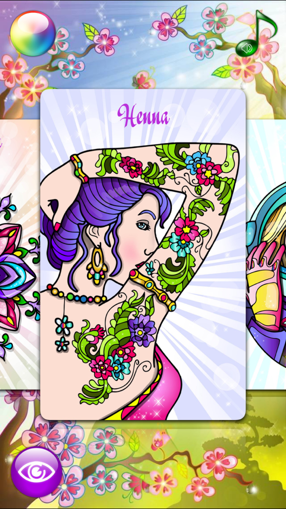 Henna-Blumen-Malvorlage mit einer Frau mit komplizierten Tattoos.